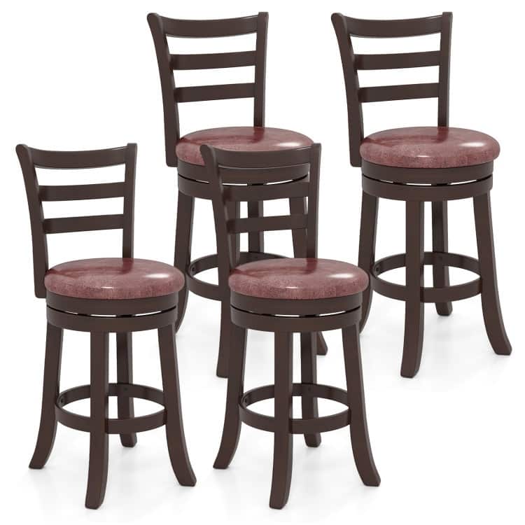 Set of 2 Cappuccino Rubber Wood MDF Swivel Bar Stools with Faux Leather and Footrest