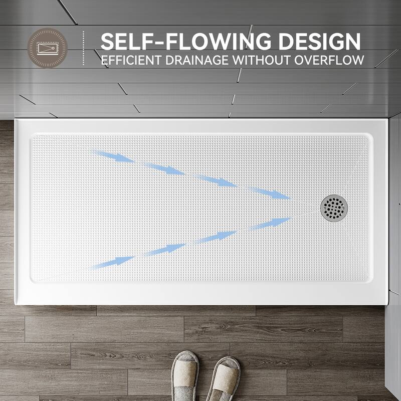HOROW 60 x 30 Inch Alcove Shower Pan Base in High Gloss White with Wide Threshold Design - Right Drain Location