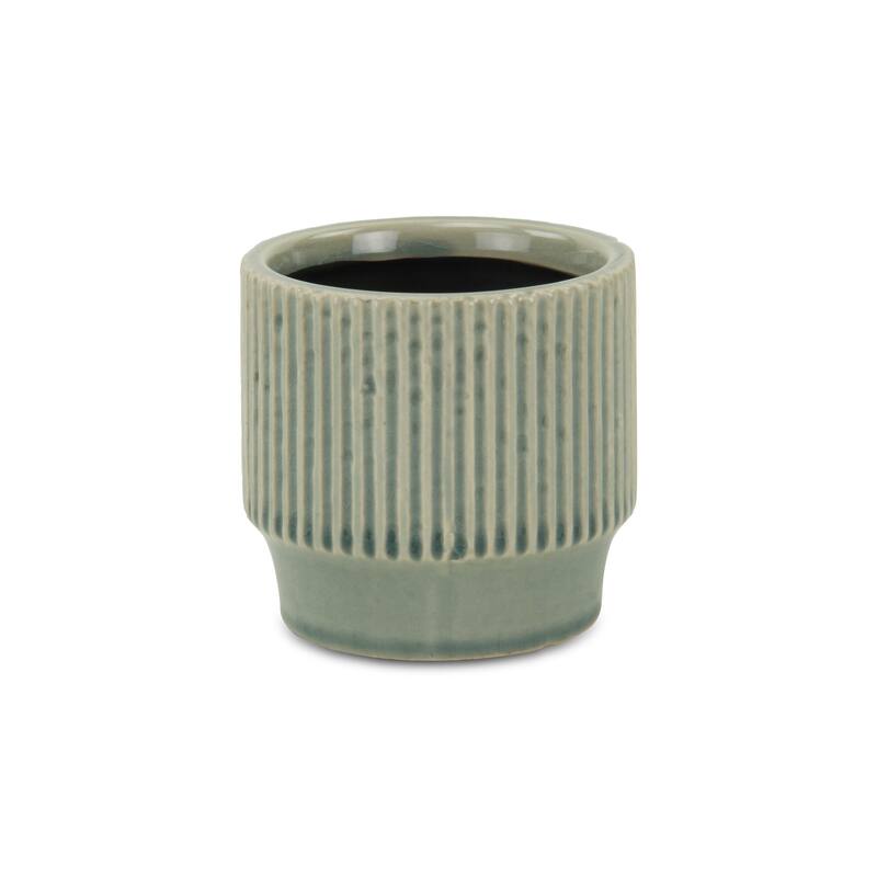 HomeRoots Green Ceramic 35 Ounce Striped Round Distressed Pot Planter - 4.25 in. x 4.00 in. x 4.25 in.
