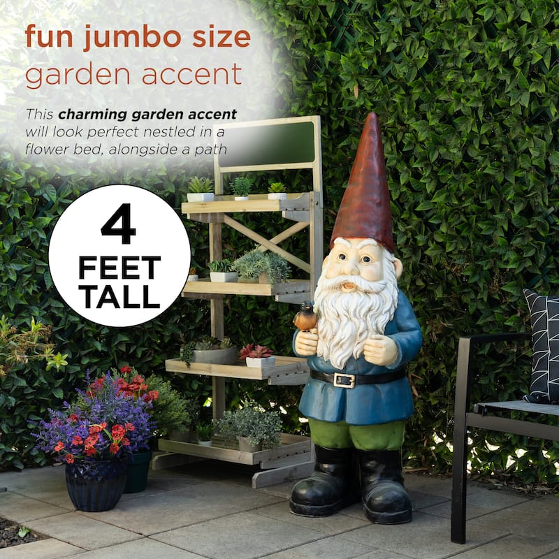 Alpine Corporation ZKD100 Jumbo Size Gnome with Bird Decor, Whimsical Gnome Statue for Patio & Garden, 48"H, Multicolor