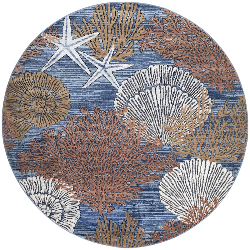 Nourison Pompeii Coastal Beach Shells and Coral Area Rug - 5'3" x Round - Blue/Multicolor
