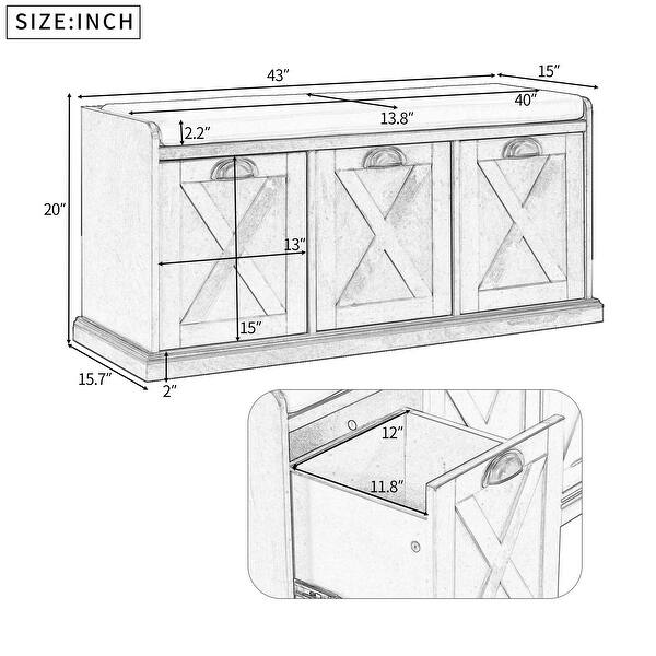 Rustic Storage Bench with 3 Drawers,Shoe Bench with Removable Cushion