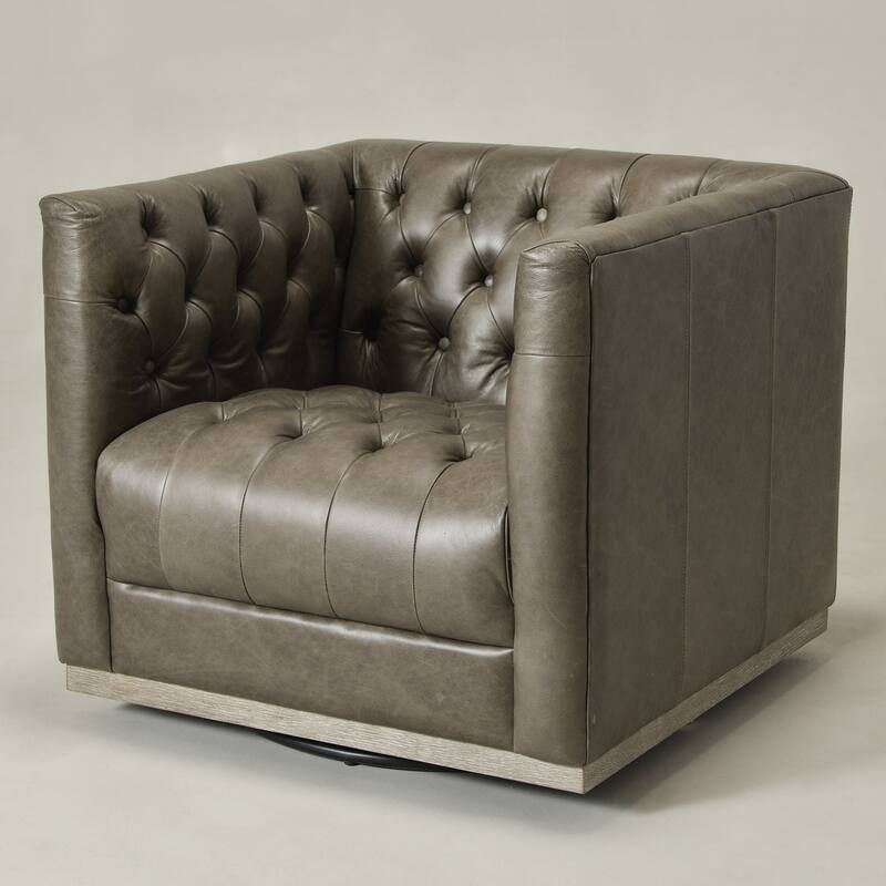 KINWELL 100% Genuine Leather Square Swivel Barrel Accent Chair