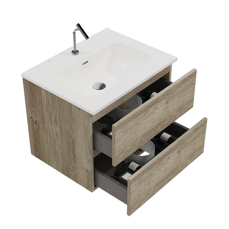 GDFStudio - Gloria Modern Wall-Mounted Floating Bathroom Vanity with Integrated Ceramic Basin & Soft-Close Drawers