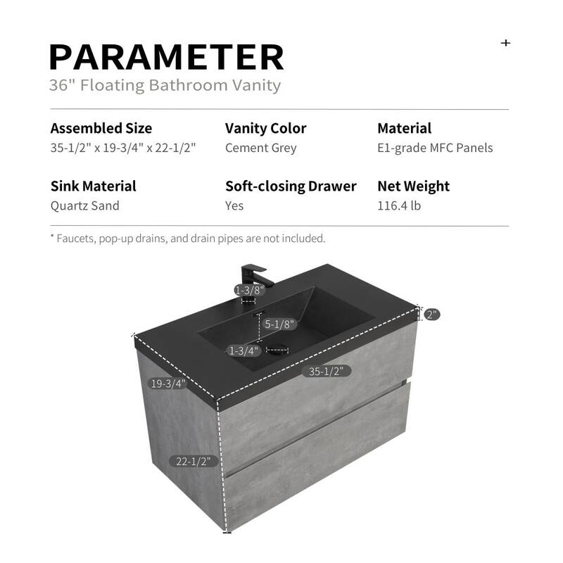 Modern Wall-Mounted Bathroom Vanity in Gray with Black Quartz Sand Top