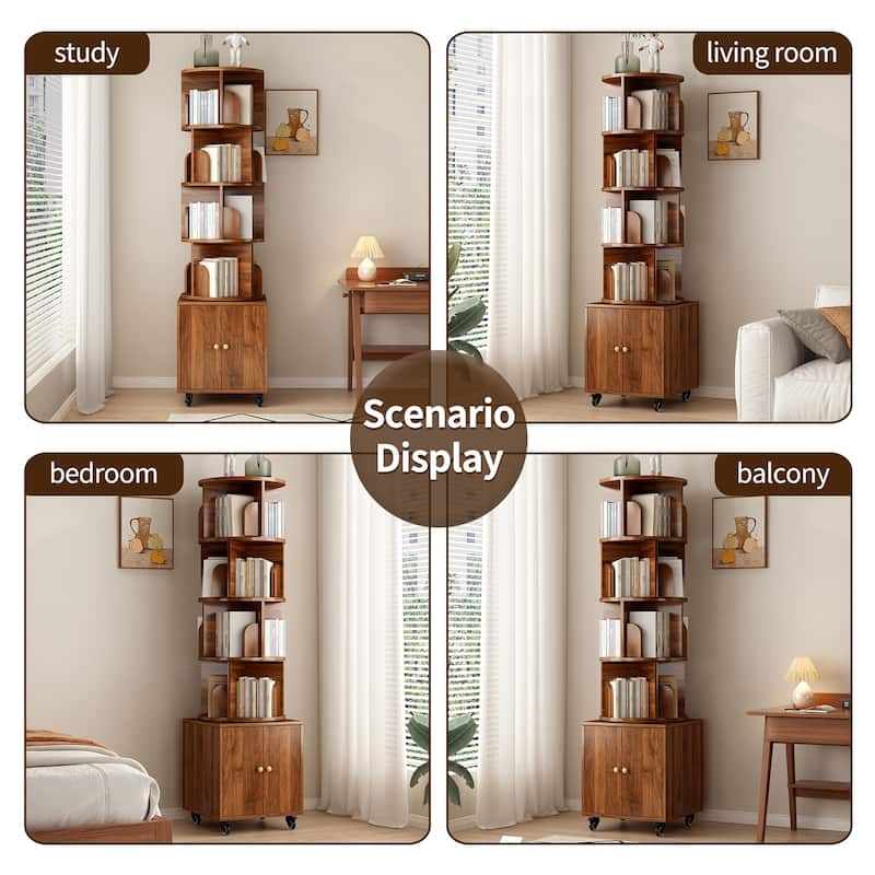 Anmytek 360 Rotating Corner Bookshelf with Wheels Space Saving Storage for Small Rooms