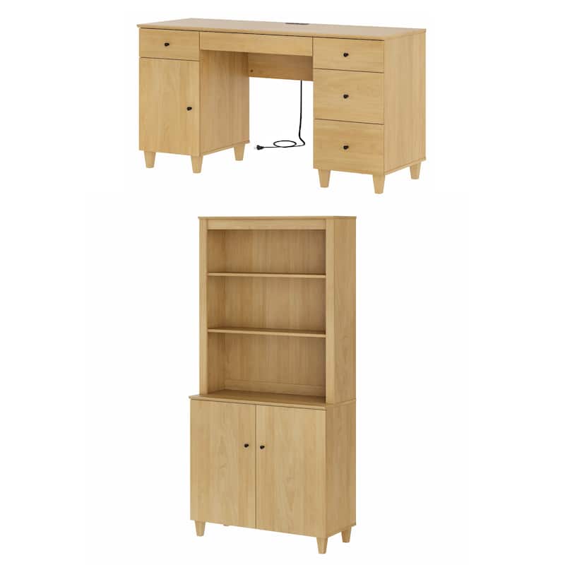 WAMPAT Home Office Furniture Set, 58" Executive Desk with Cabinet, 71" Tall Bookcase with Doors and Adjustable Shelves