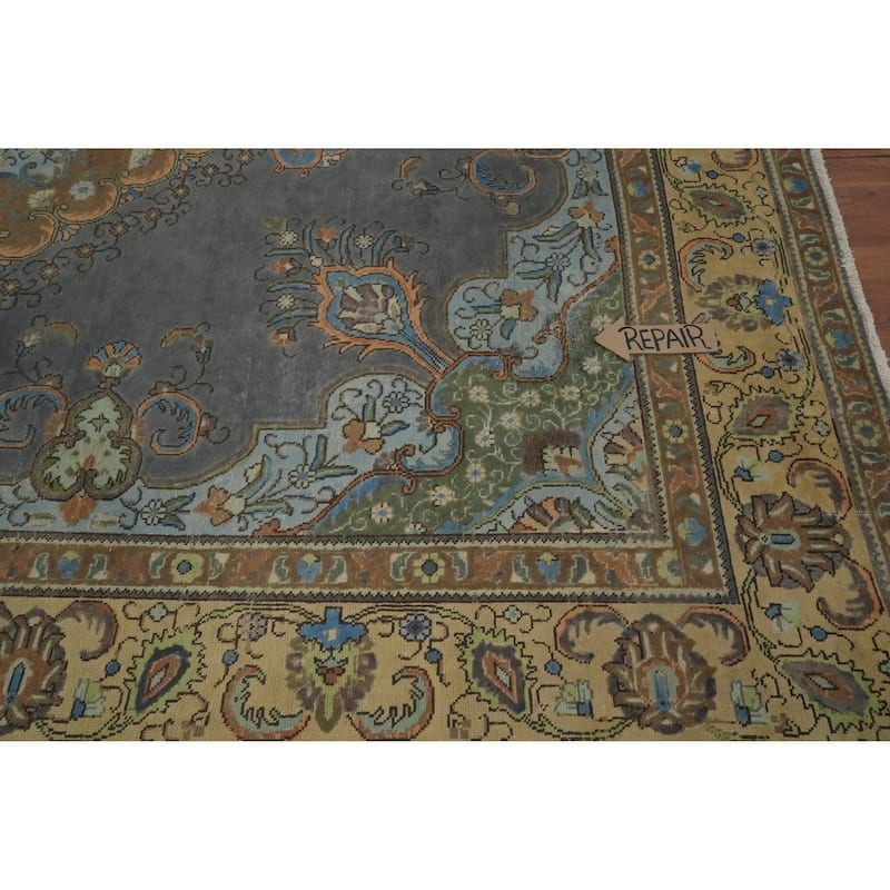 Hand Knotted Oriental 100% Wool Carpet Traditional Floral Greys & Charcoal Tabriz Area Rug - 12' 7'' X 9' 6''