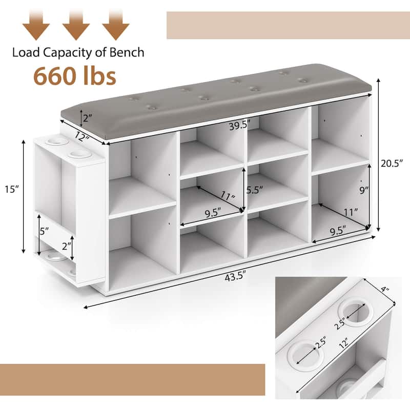 Costway Wooden Shoe Bench 10-Cube Storage Organizer with Padded - See Details