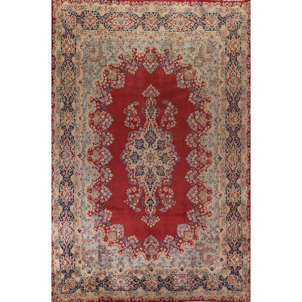 Floral Kerman Persian Large Vintage Area Rug Hand-Knotted Wool Carpet - 9'11"x 14'0"