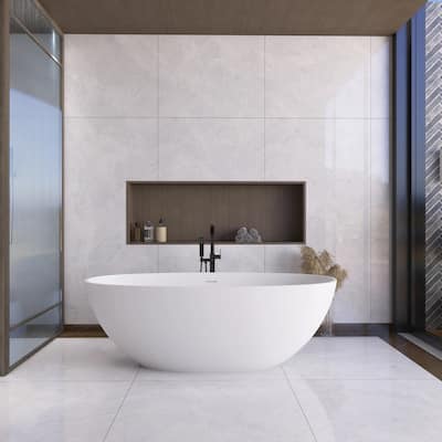67 Inch Solid Surface Freestanding Soaking Bathtub in Matte White