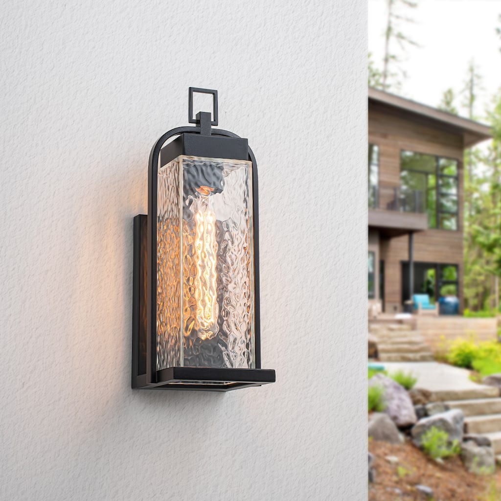Matte Black Outdoor Wall Sconce Water Ripple Glass for Patio Porch - W5.51 x H14.96 inch