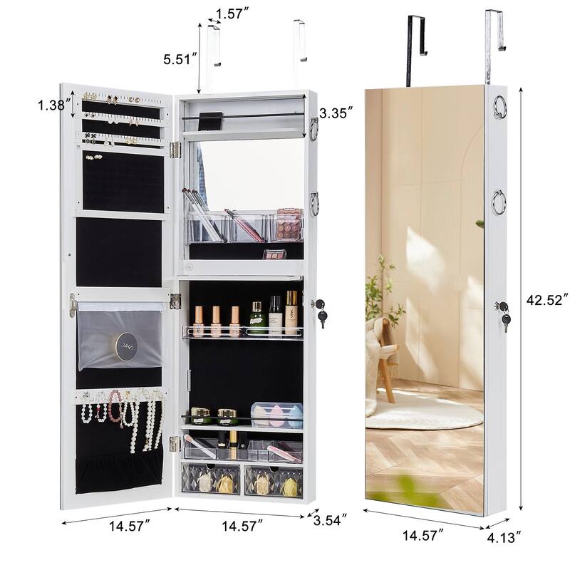 Javlergo Hanging Mirrored Jewelry Cabinet Wall/Door Mounted Lockable Armoire Organizer