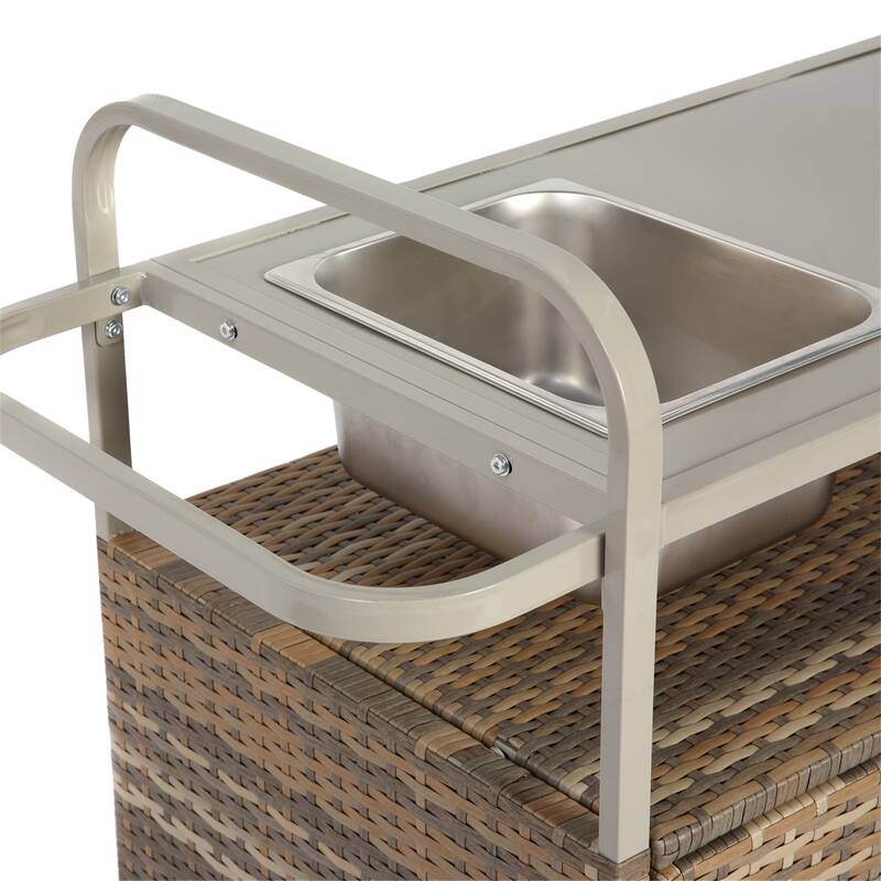 Outdoor Wicker Bar Cart with Steel Top, Ice Bucket,Lockable Wheels