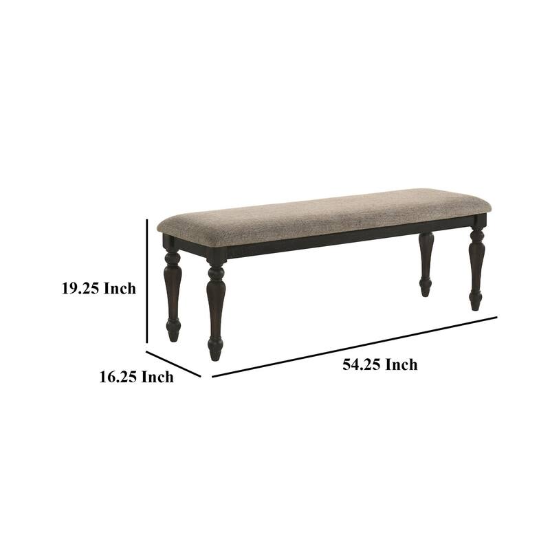 Brad Dining Bench, Turned Legs, Charcoal Gray Wood, Brown, 54 Inch