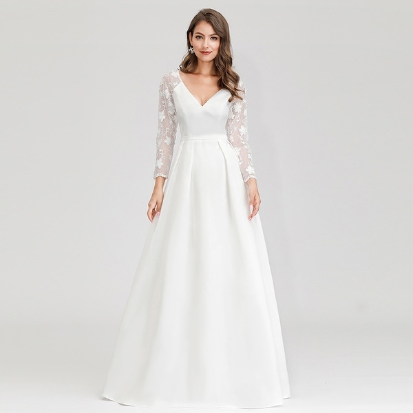 v neck long sleeve wedding gown