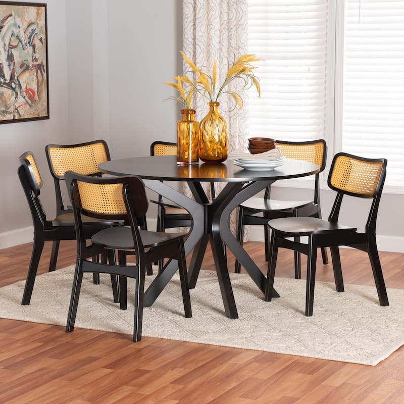 Linnet Mid-Century Modern Wood and Rattan 7-Piece Dining Set