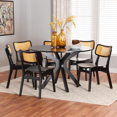 Linnet Mid-Century Modern Wood and Rattan 7-Piece Dining Set