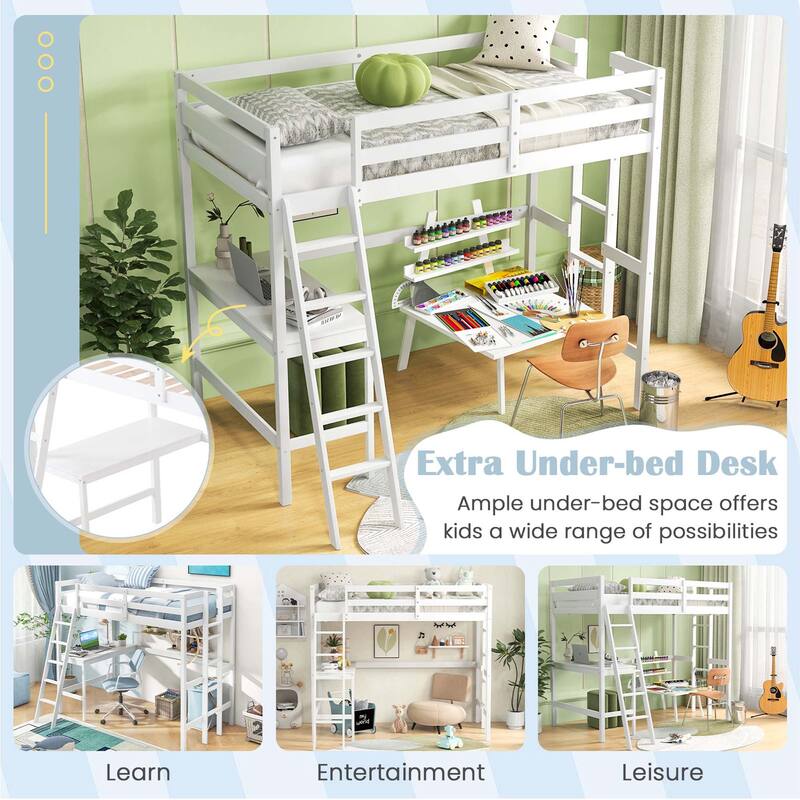 Costway Twin Size Loft Bed w/ Desk & Shelf 2 Ladders & Guard Rail for