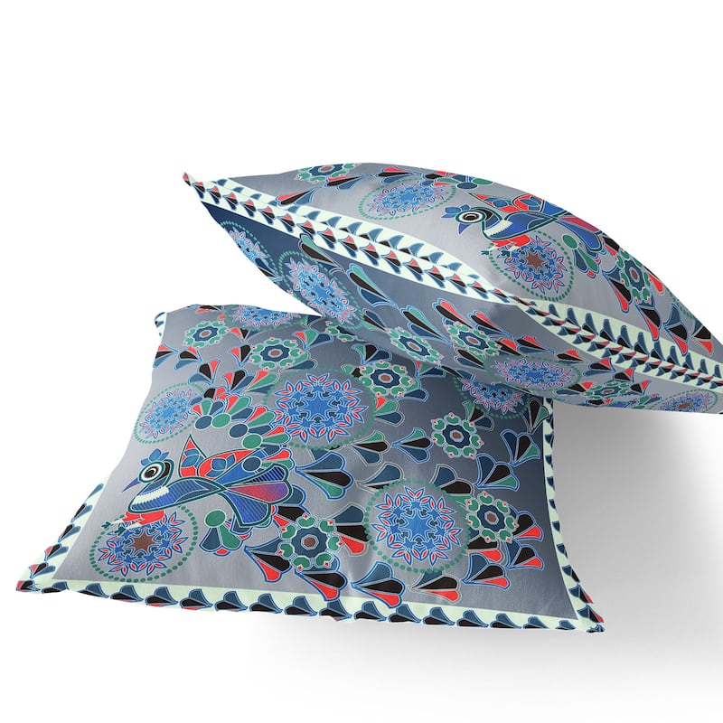 HomeRoots Set of Two 16" X 16" Blue and White Peacock Blown Seam Floral Indoor Outdoor Throw Pillow - 16.00' X '16.00' X '5.00