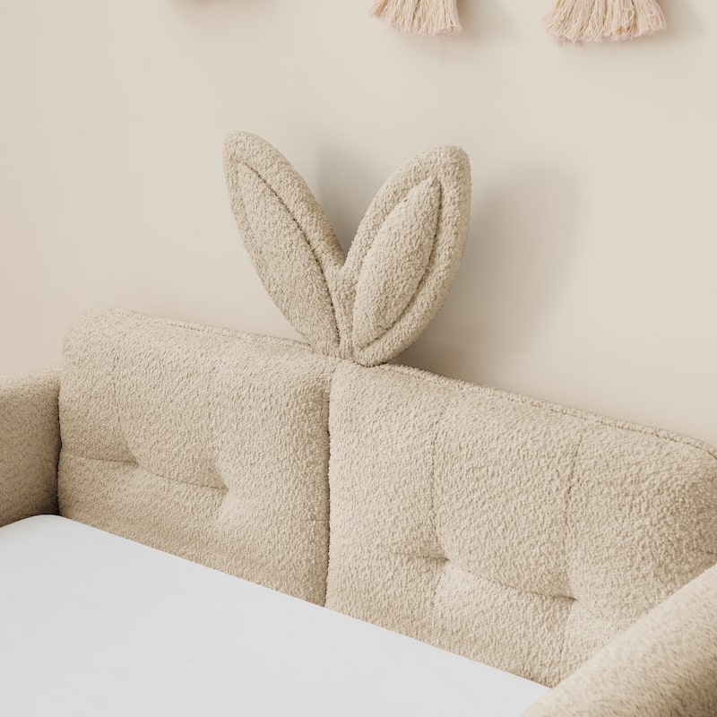 Twin Size Platform Bed Upholstered Bed with Safety Rail and Pocket, Kids Bed with RabbitEar, Skin-friendly Boucle Fabric