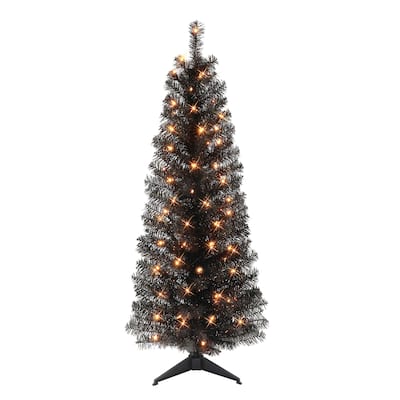 Puleo International 4.5 ft. Pre-lit Black Tinsel Tree
