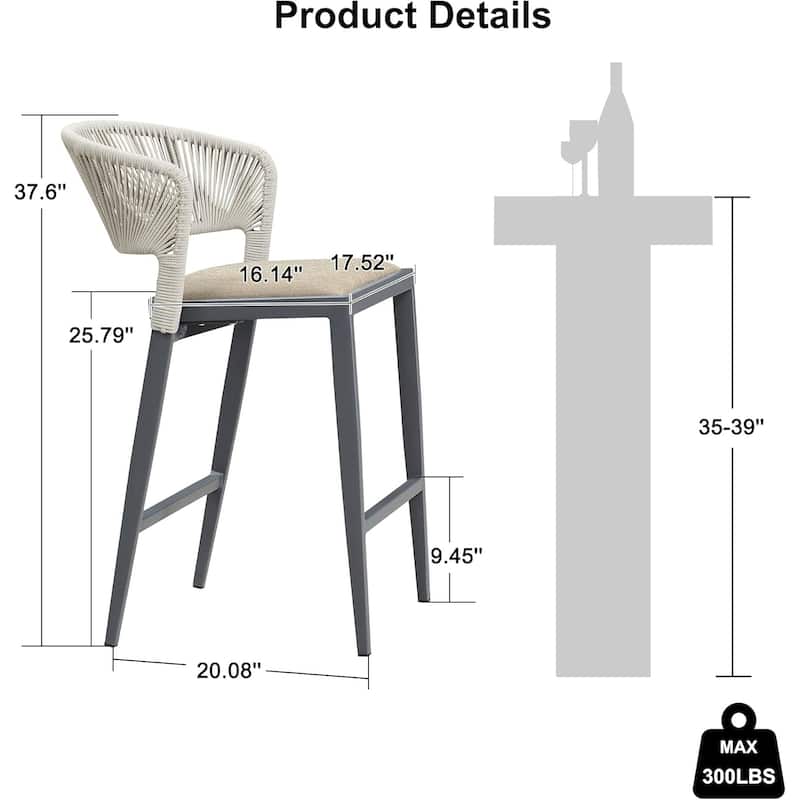 PURPLE LEAF Bar Stool Set of 2 Outdoor Rattan Bar Chair with Back Metal Bar Height Stool Wicker Barstool Dark Grey - N/A