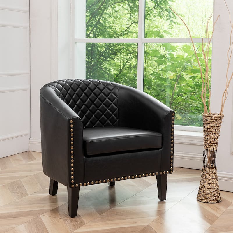 KINWELL PU Leather Tufted Barrel Chair Club Armchair with Nailheads - Black