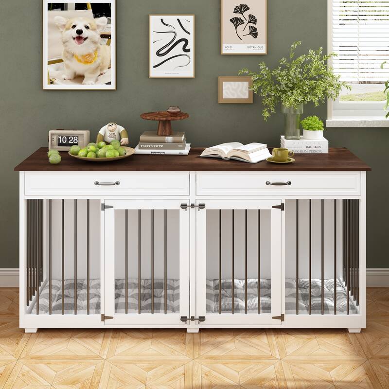 Modern Wooden Dog Crate Furniture with 2 Drawers, White and Brown