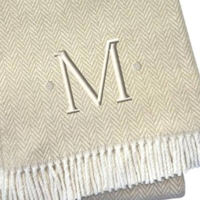 HomeRoots 55" X 70" Linen And White Herringbone Cotton Blend M Initial Throw Blanket with Tassels And Embroidery