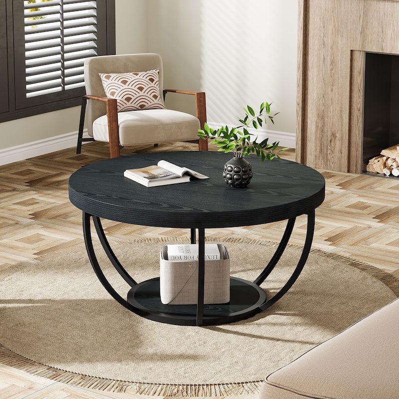 Wooden Coffee Table, 2-Tier Round Central Cocktail Table with Shelves