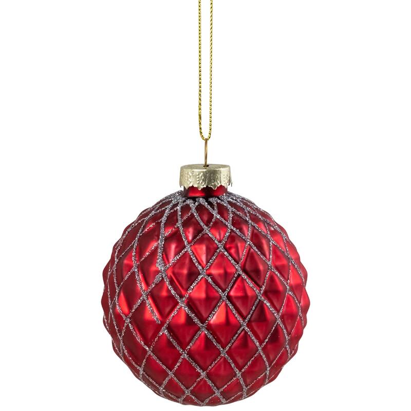 Glittered Glass Christmas Ball Ornament - 3.25" - Red and Silver