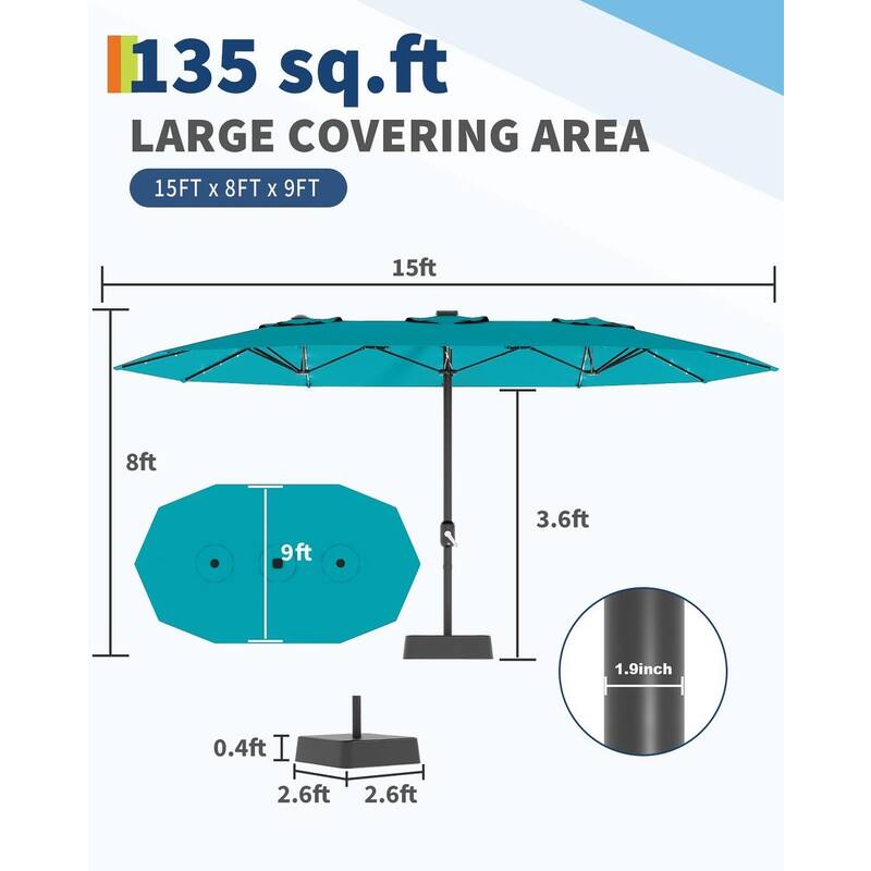 Coromose 15FT Large Patio Umbrella, with Solar Lights, for Deck Poolside Backyard