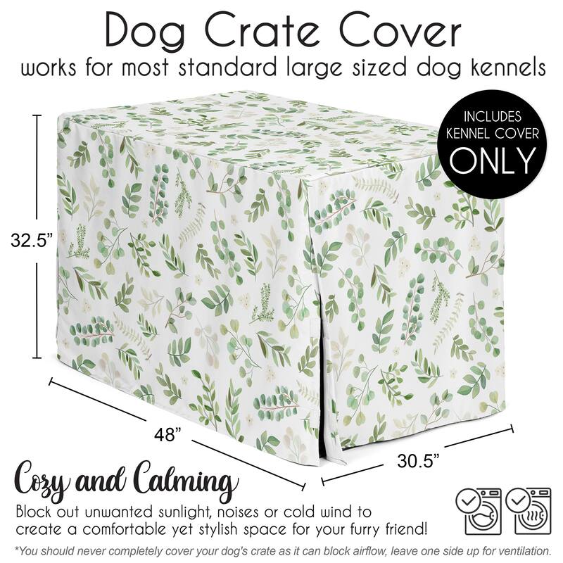 Sweet Jojo Designs Green Boho Floral Leaf Dog Crate Kennel Cover 48in. Neutral Sage White Bohemian Watercolor Botanical Woodland