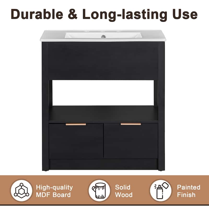 30" Bathroom Vanity with Sink Top, Bathroom Cabinet with Open Storage Shelf and Two Drawers