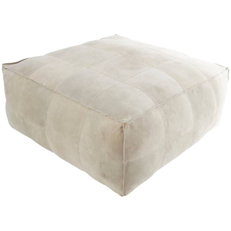 Gray Leather Low Profile Square Pouf with Patchwork Design