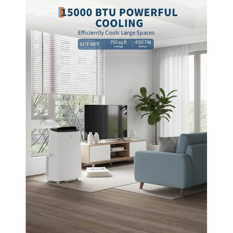 15,000 BTU Portable Air Conditioner, Fast Cooling to 700-850 Sq Ft