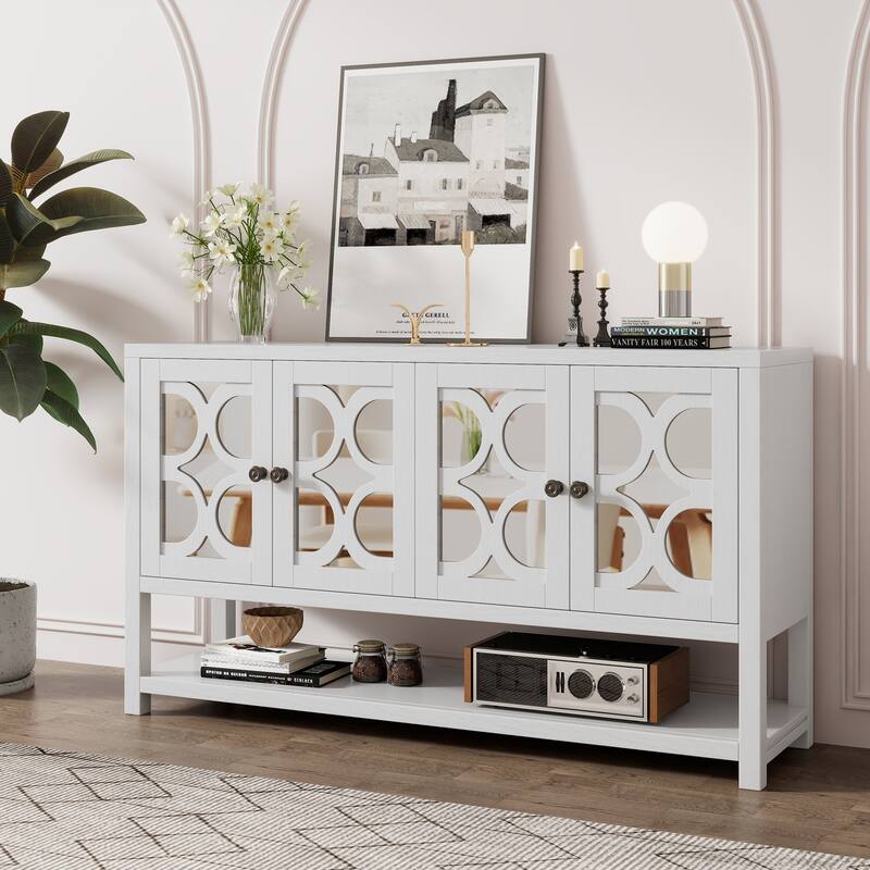 60" Retro Wooden Console Table Storage Cabinet with Mirrored Doors, Spacious Shelves and Acacia Wood Legs - Antique White