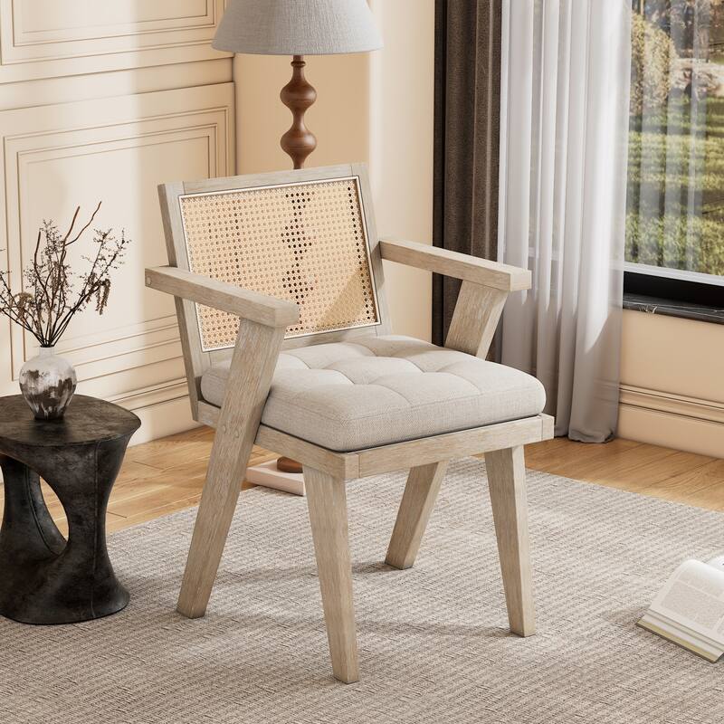 Mid-Century Modern Chair Accent Chair with Handcrafted Rattan Backrest and Padded Seat - 25.30" L x 22.80" W x 31.60" H