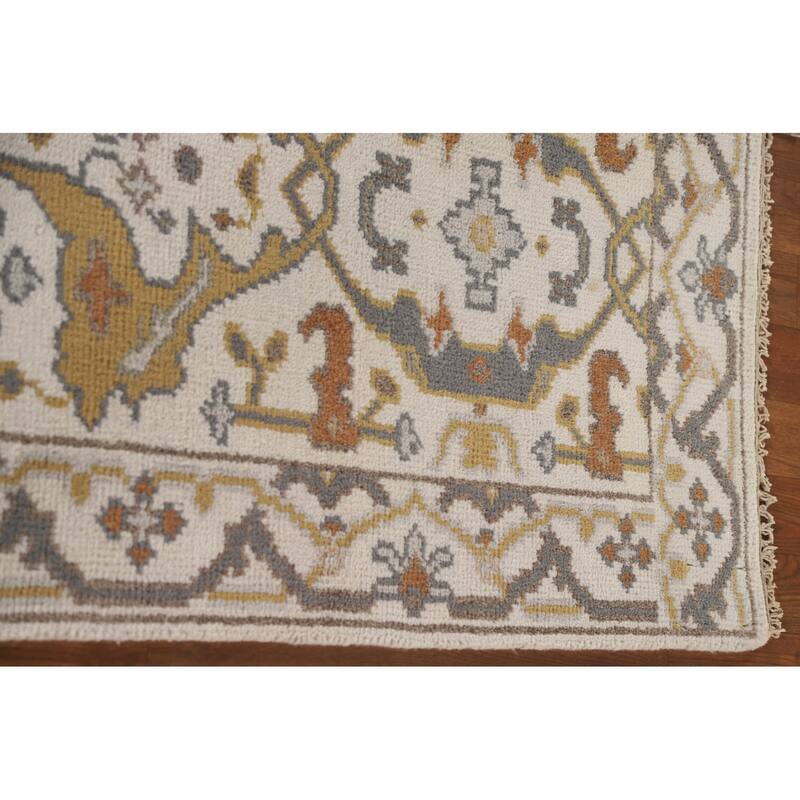 All-Over Ivory Oushak Indian Runner Rug Hand-knotted Wool Carpet - 2'6"x 10'2"