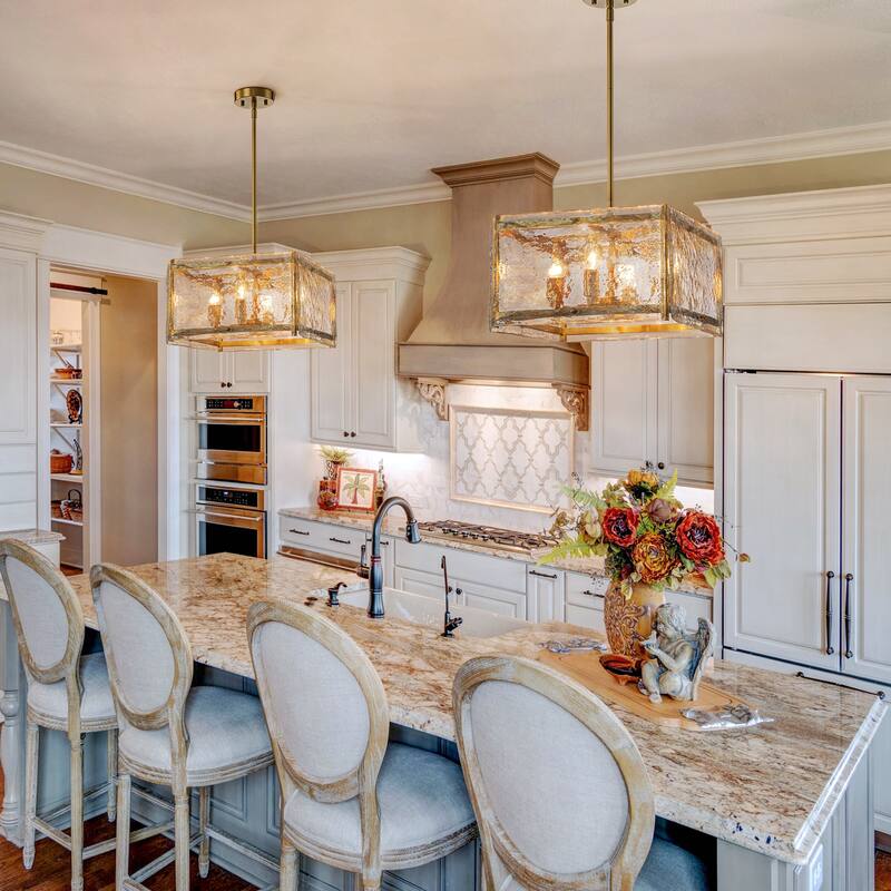 4-Light Square Glass Chandelier with Bubble Textured Shade, Modern Industrial Pendant for Dining Room, Kitchen