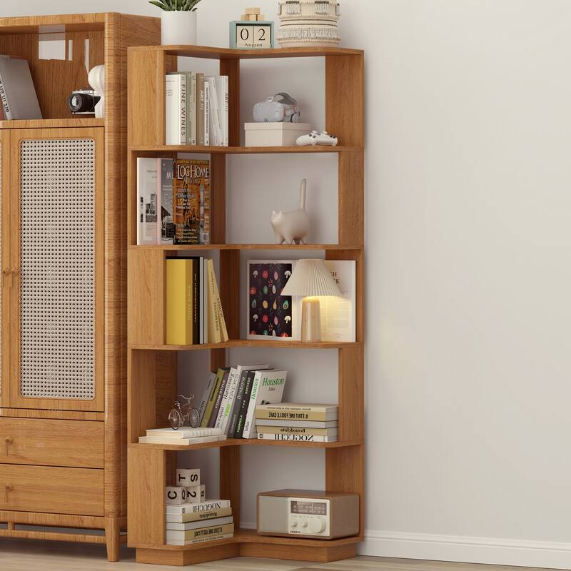 GDFStudio - Elysande Wood Corner Bookcase with 6-Tier Anti-Fall Design