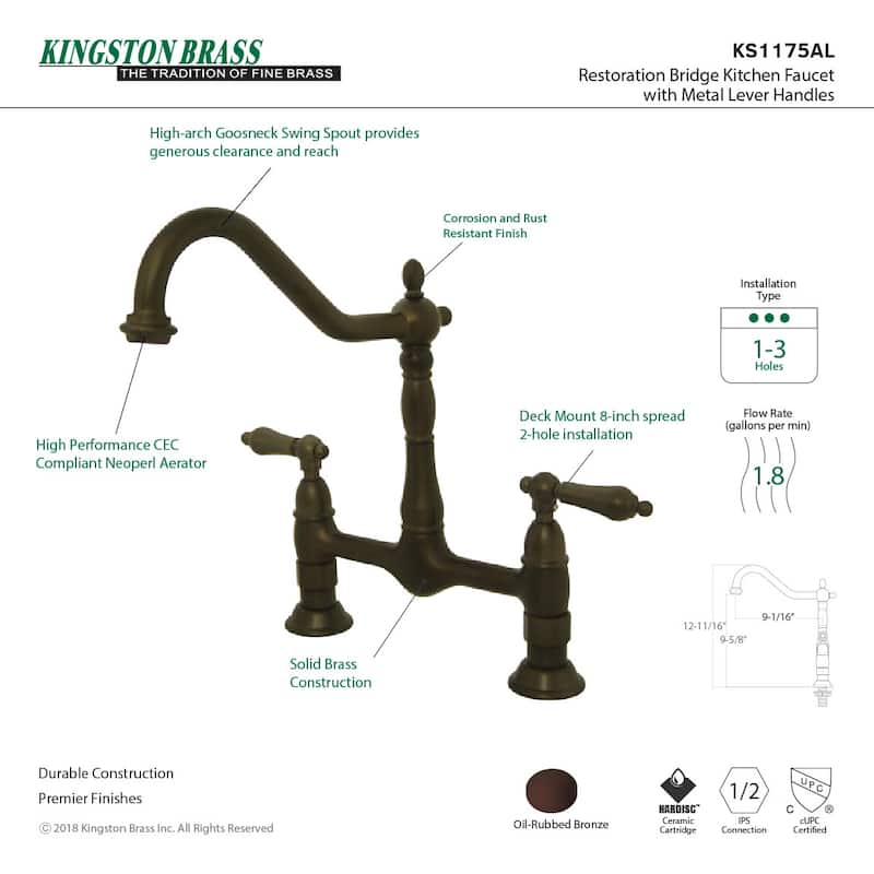 Kingston Brass Heritage Bridge Kitchen Faucet with Metal Lever Handles