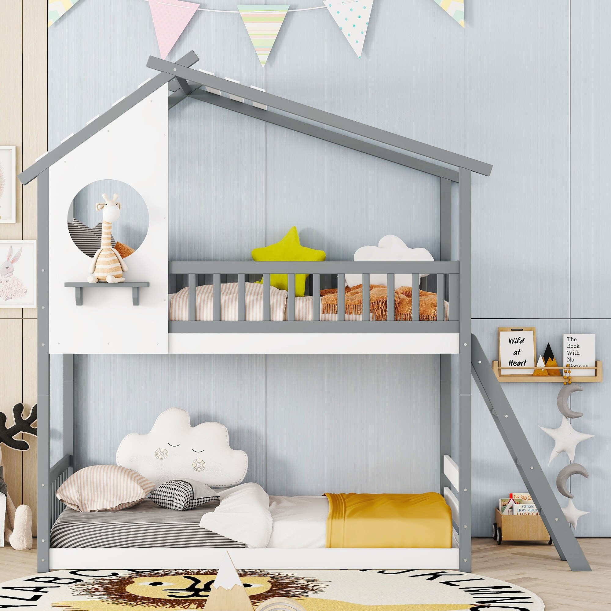 Twin Over Twin House Shaped Bunk Bed Wood Bedframe w Roof Window Ladder for Kids Teens Bedroom Dorm No Spring Box Required Bed Bath Beyond 39923845