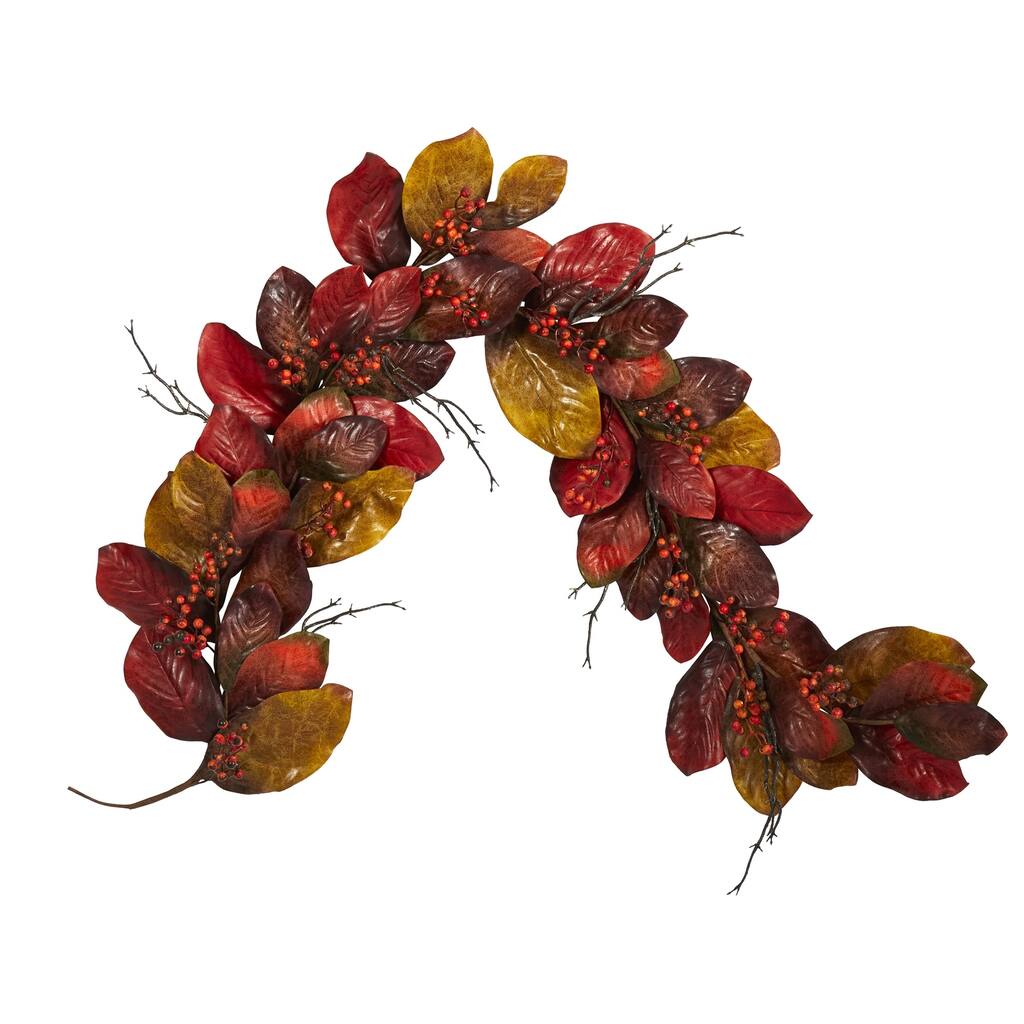 6’ x 12" Magnolia Leaves with Berries Artificial Fall Harvest Garland, Unlit