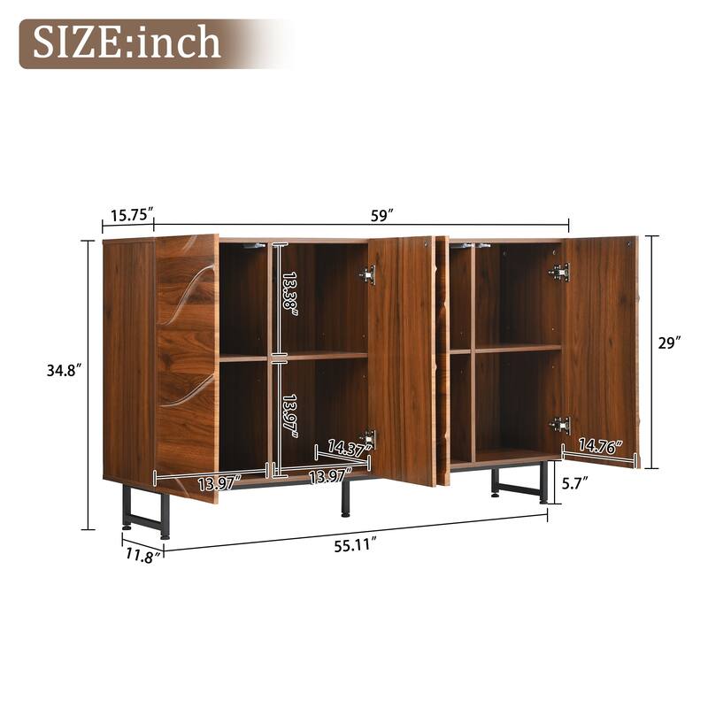 Sideboard with 4 Wave Relief Doors, Multifunctional Solid Wood Storage Cabinet, Accent Cabinet with Shelf & Iron Legs