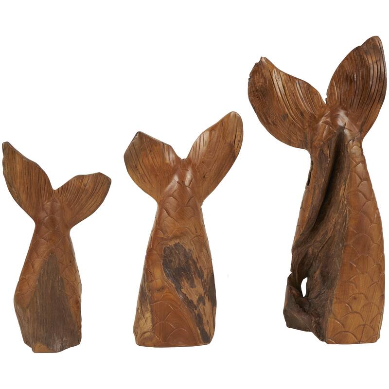Teak Wood Whale Handmade Tail Live Edge Decorative Sculpture with Intricate Carvings - Set of 3 Brown - Roche River Decor