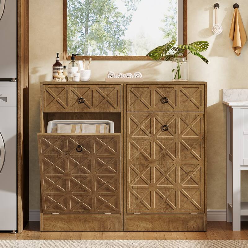 13 Gallon Tilt-Out Laundry Hamper Cabinet with Drawer, Freestanding Hidden Laundry Hamper Storage Unit for Bathroom Laundry Room