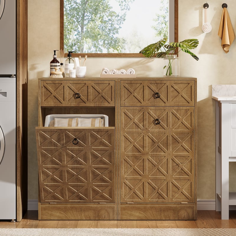 13 Gallon Tilt-Out Laundry Hamper Cabinet with Drawer, Freestanding Hidden Laundry Sorter Storage Unit for Bathroom