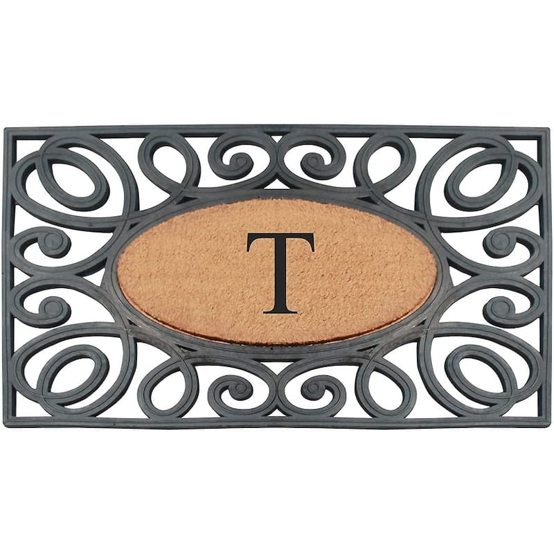 A1HC Rubber and Coir Elegant Circles Monogrammed Double Door Doormat 23"X38" - 23"X38" Black - T